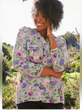 Matilda Jane Gray Floral Button Front Thinking Out Loud Blouse Women Large